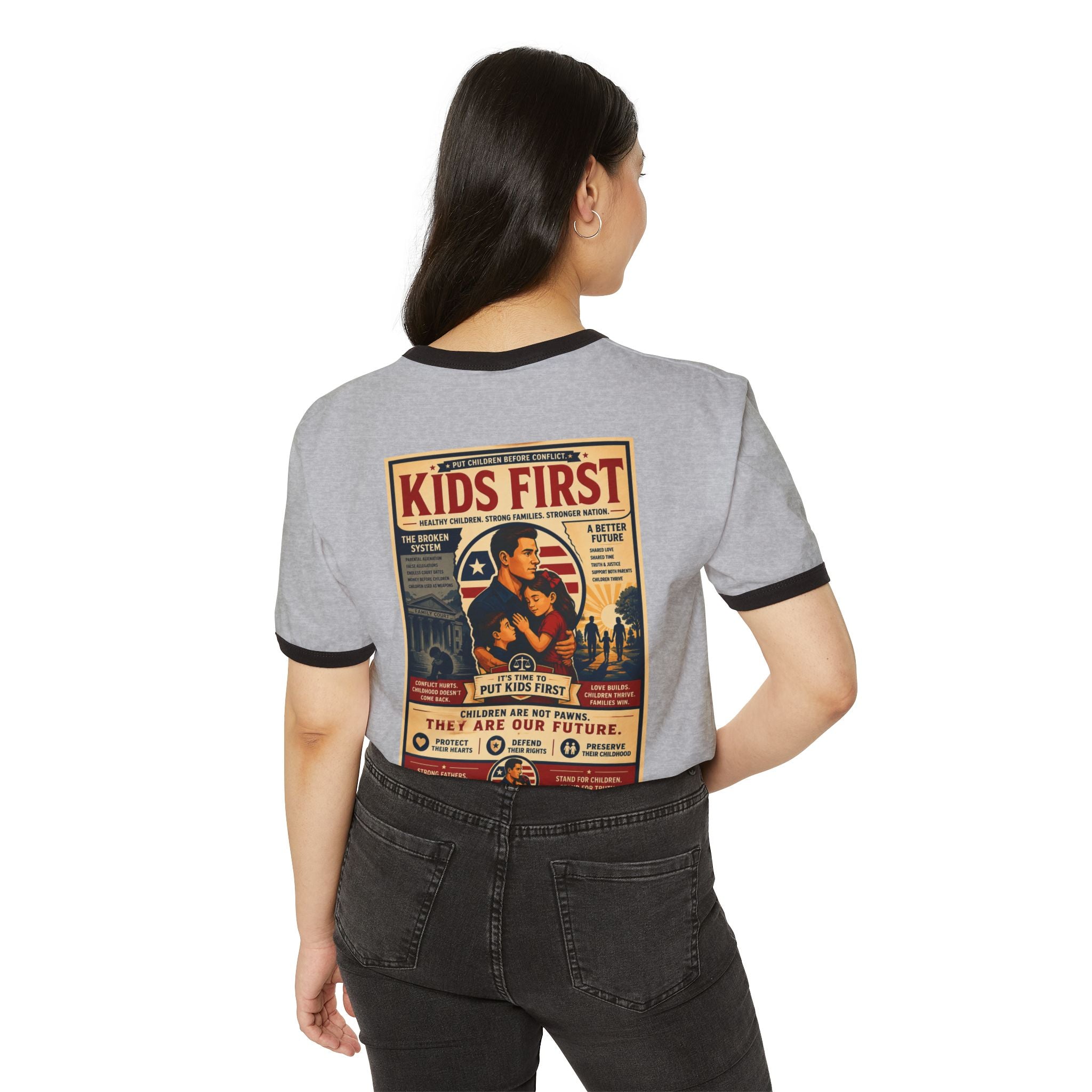 Kids First Ringer T-Shirt — Retro Poster Graphic