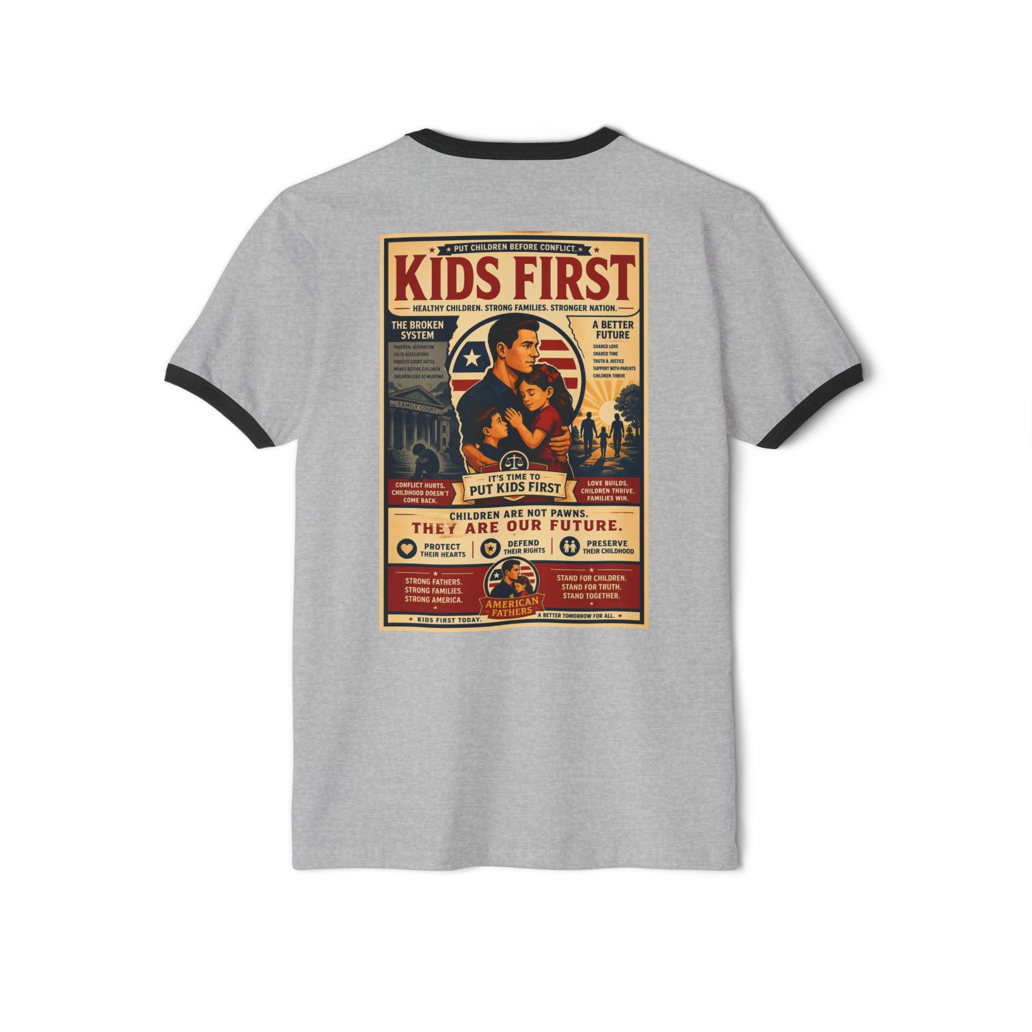 Kids First Ringer T-Shirt — Retro Poster Graphic