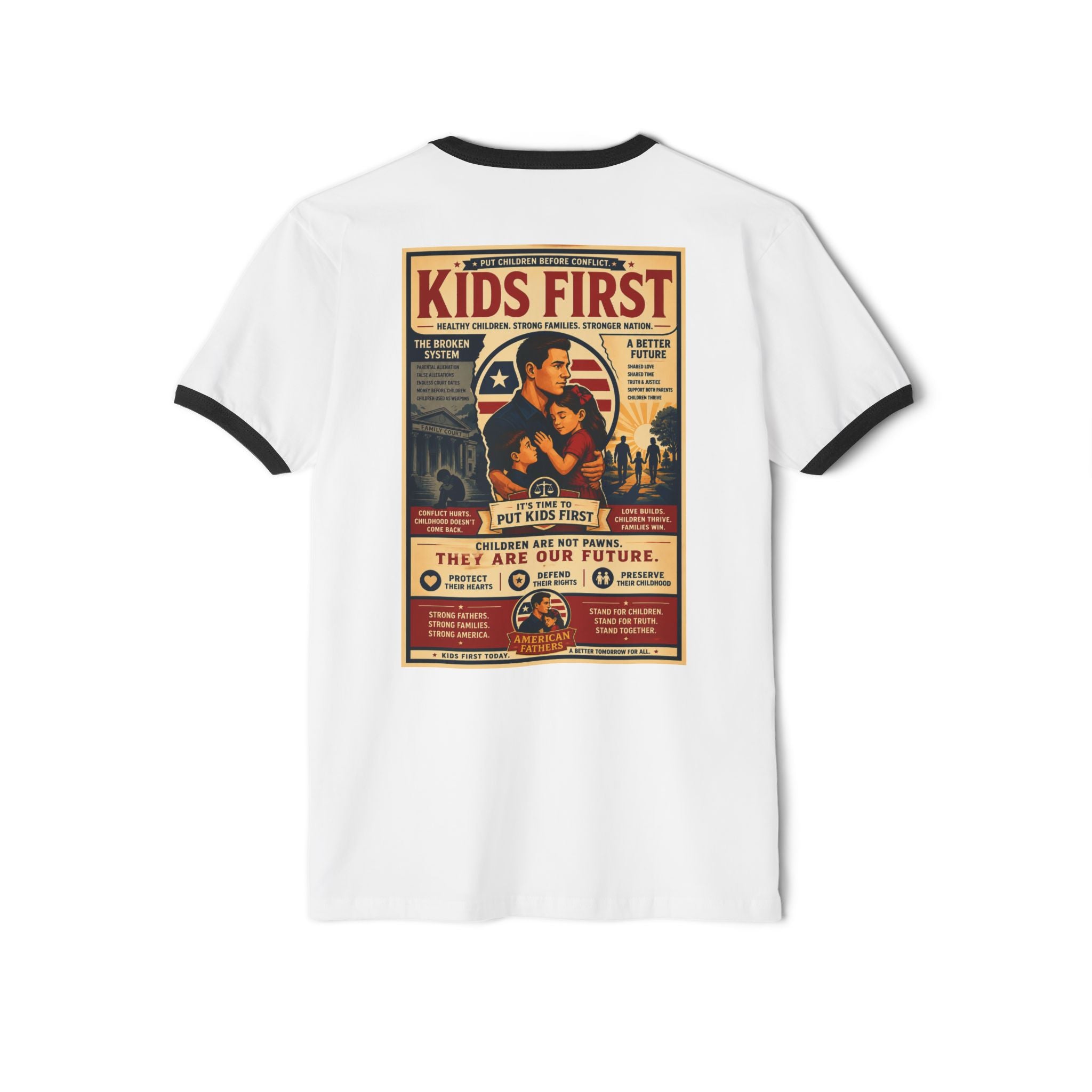 Kids First Ringer T-Shirt — Retro Poster Graphic